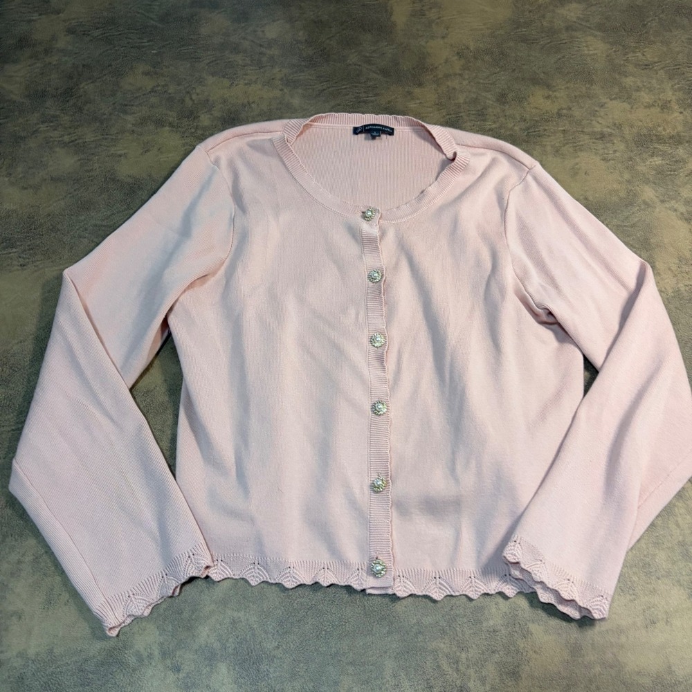 Adrianna Papell Cardigan Womens L Pink Pearl Rhinestone Scalloped Hem Fine Knit